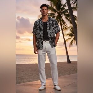 Denim & Flower Black Floral Bandana Print Short-Sleeve Shirt